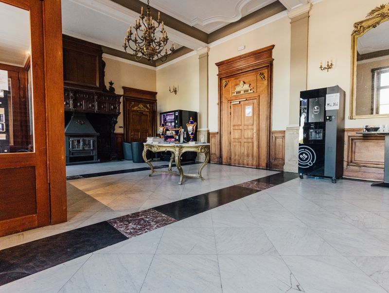 Hall avec cheminée ancienne et lustre – Château de la Neuville
